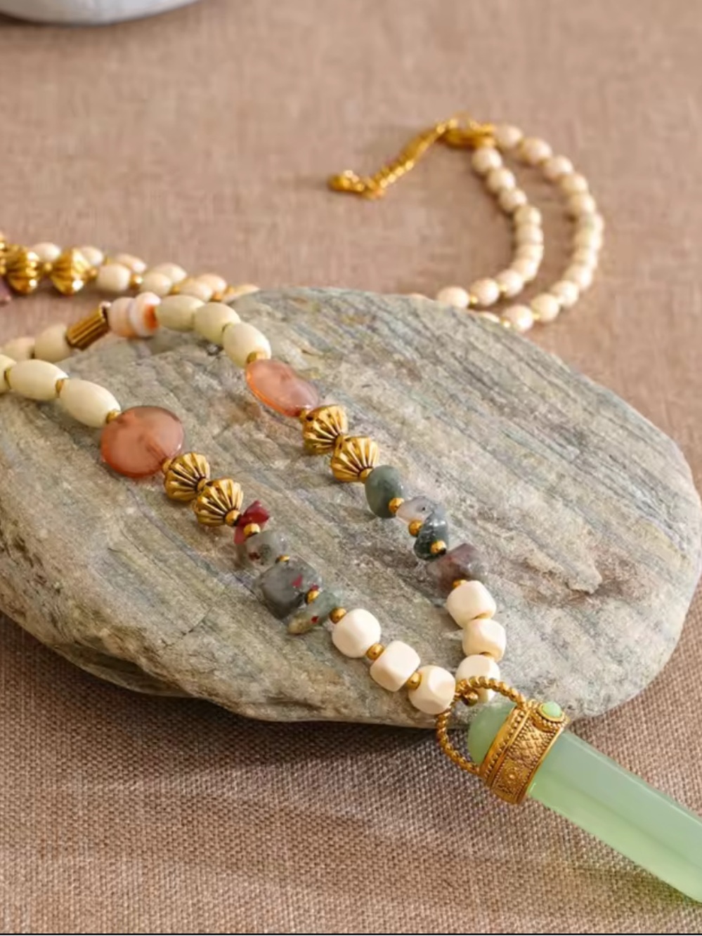Green Jade Beaded Artisan Long Necklace - Picture 14 of 15
